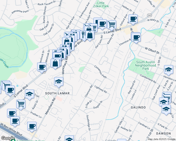 map of restaurants, bars, coffee shops, grocery stores, and more near 2520 Bluebonnet Lane in Austin
