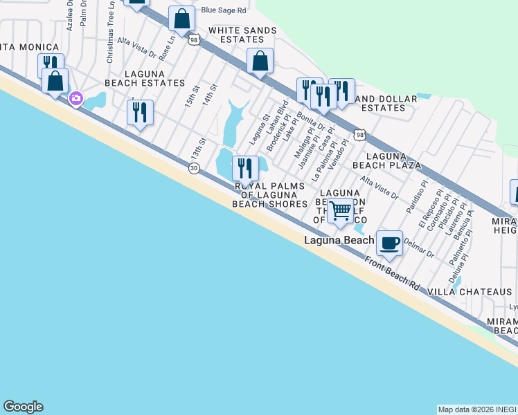 map of restaurants, bars, coffee shops, grocery stores, and more near 19907 Front Beach Road in Panama City Beach