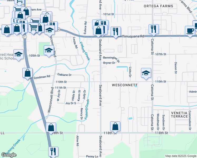 map of restaurants, bars, coffee shops, grocery stores, and more near 5936 Seaboard Avenue in Jacksonville