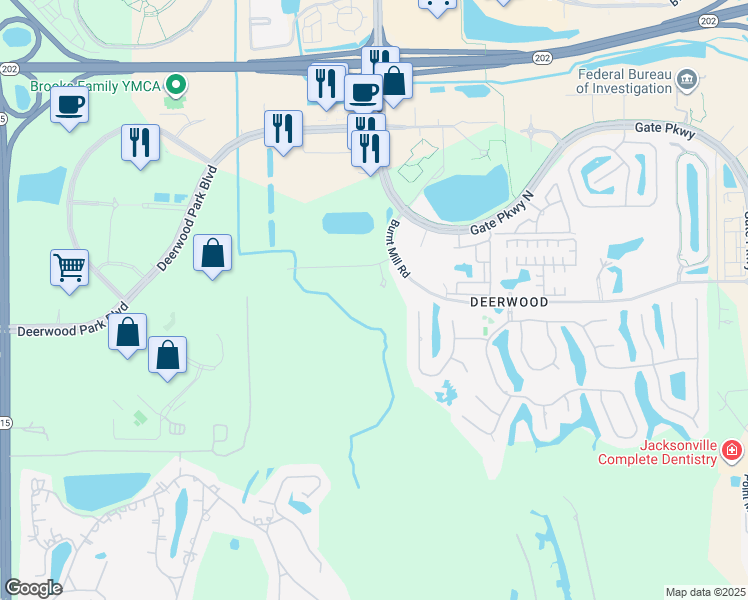 map of restaurants, bars, coffee shops, grocery stores, and more near 10828 Burnt Mill Road in Jacksonville