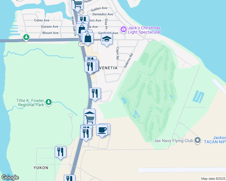 map of restaurants, bars, coffee shops, grocery stores, and more near 6017 Roosevelt Boulevard in Jacksonville