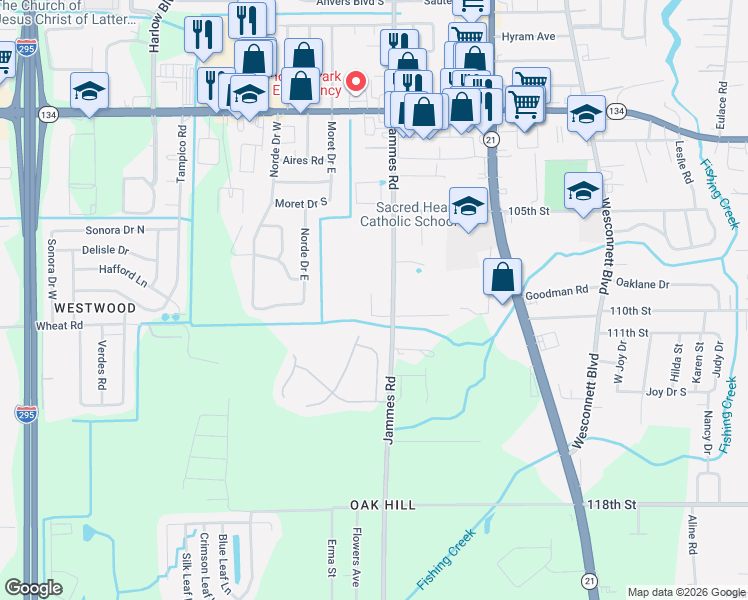 map of restaurants, bars, coffee shops, grocery stores, and more near 5930 Wilmar Road West in Jacksonville