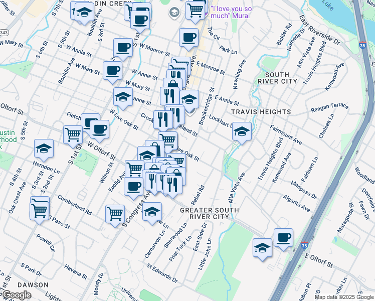 map of restaurants, bars, coffee shops, grocery stores, and more near 2118 Brackenridge Street in Austin