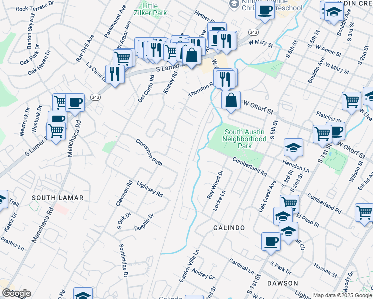 map of restaurants, bars, coffee shops, grocery stores, and more near 1401 Bridgeway Drive in Austin