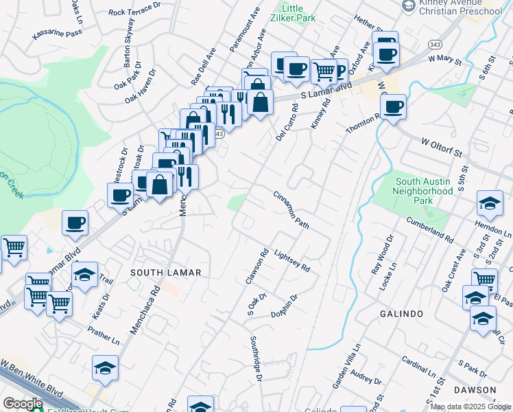 map of restaurants, bars, coffee shops, grocery stores, and more near 2807 Del Curto Road in Austin