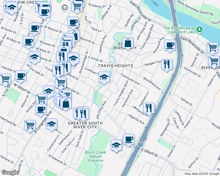 map of restaurants, bars, coffee shops, grocery stores, and more near 800 Rosedale Terrace in Austin