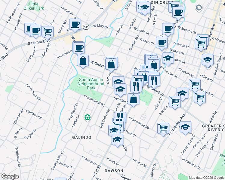 map of restaurants, bars, coffee shops, grocery stores, and more near 2500 South 4th Street in Austin