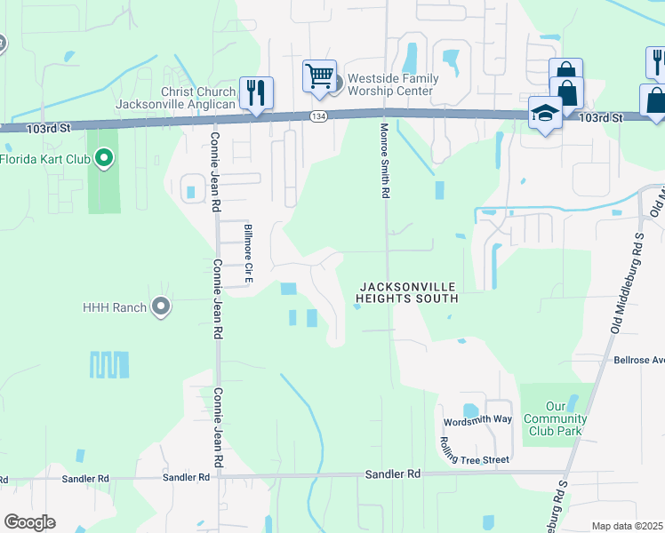 map of restaurants, bars, coffee shops, grocery stores, and more near 5717 Chirping Court in Jacksonville