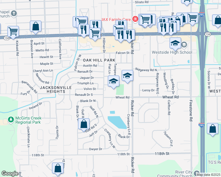 map of restaurants, bars, coffee shops, grocery stores, and more near 7750 South Tempest Street in Jacksonville