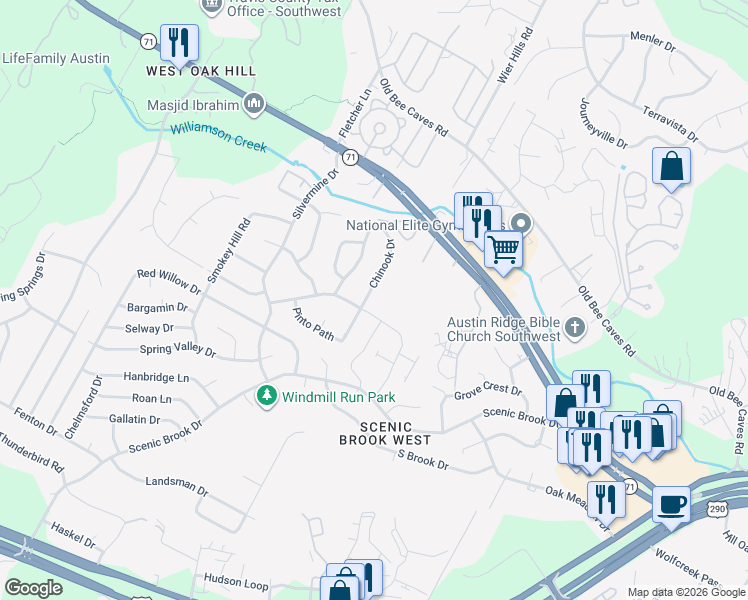 map of restaurants, bars, coffee shops, grocery stores, and more near 6945 Chinook Drive in Austin