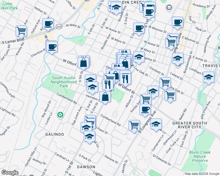 map of restaurants, bars, coffee shops, grocery stores, and more near 2408 South 2nd Street in Austin