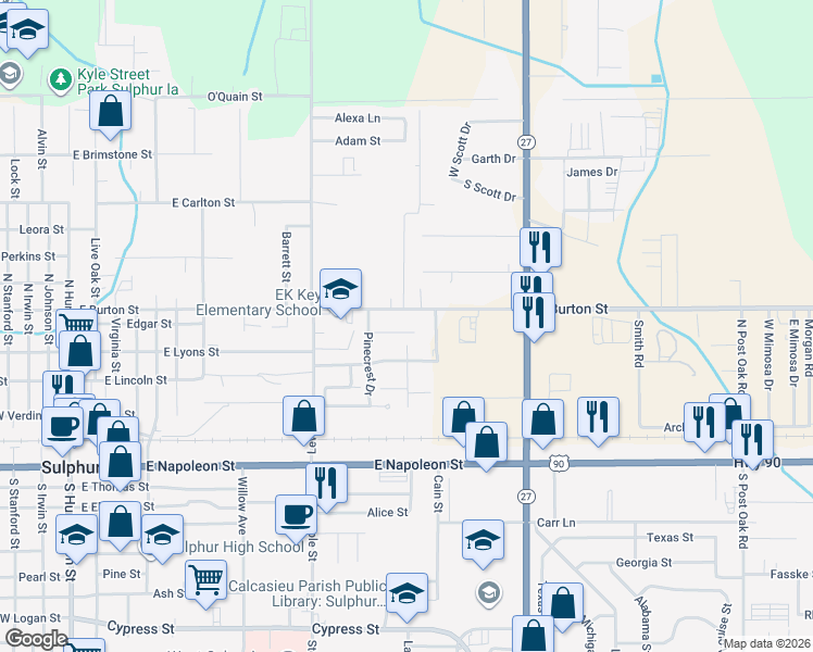 map of restaurants, bars, coffee shops, grocery stores, and more near 1318 Meadow Lane in Sulphur