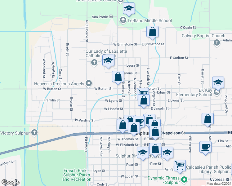 map of restaurants, bars, coffee shops, grocery stores, and more near 435 North Crocker Street in Sulphur