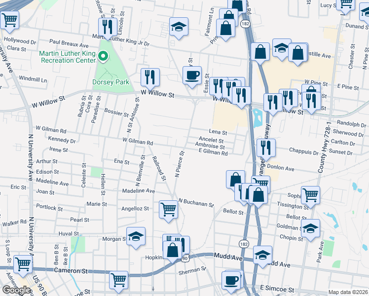 map of restaurants, bars, coffee shops, grocery stores, and more near 600 North Pierce Street in Lafayette