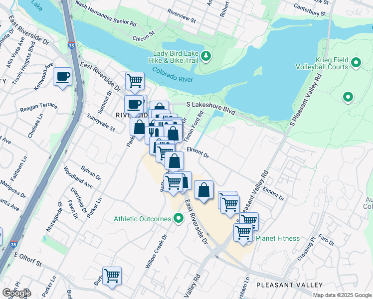 map of restaurants, bars, coffee shops, grocery stores, and more near 2103 Elmont Drive in Austin