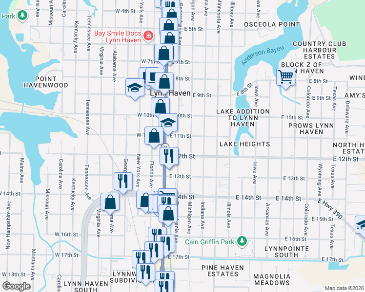map of restaurants, bars, coffee shops, grocery stores, and more near 1109 Pennsylvania Ave in Lynn Haven