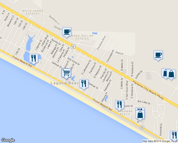 map of restaurants, bars, coffee shops, grocery stores, and more near 223 Paridiso Place in Panama City Beach
