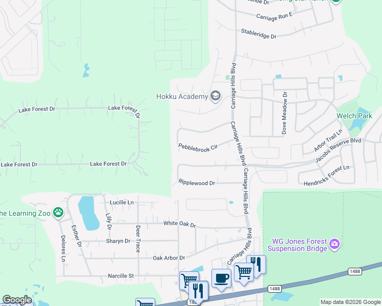 map of restaurants, bars, coffee shops, grocery stores, and more near 2422 Pebblebrook Circle in Conroe