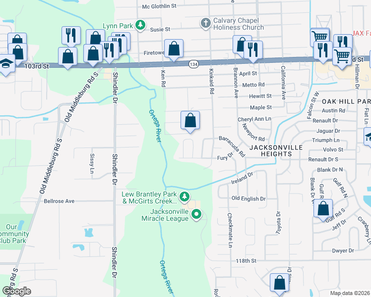map of restaurants, bars, coffee shops, grocery stores, and more near 5937 Camaro Drive East in Jacksonville