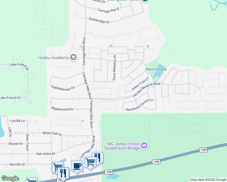 map of restaurants, bars, coffee shops, grocery stores, and more near 186 Maple Grove Drive in Conroe