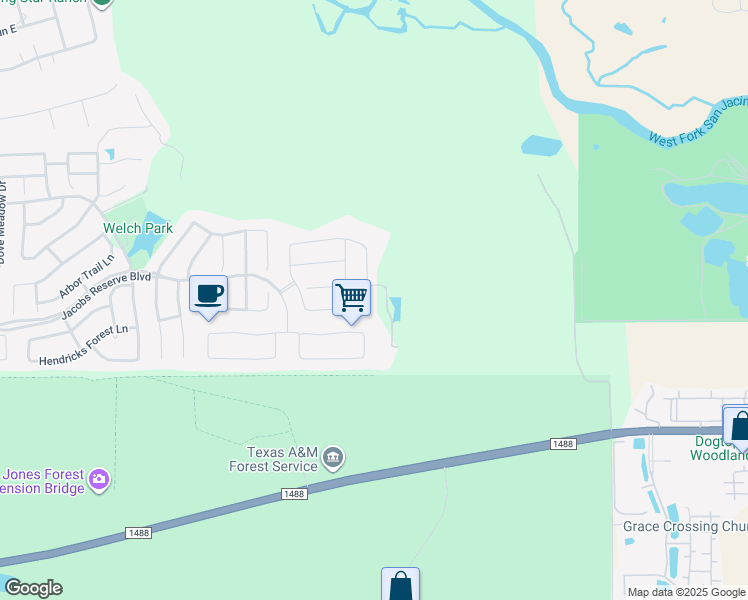 map of restaurants, bars, coffee shops, grocery stores, and more near 1611 Jacobs Forest Drive in Conroe