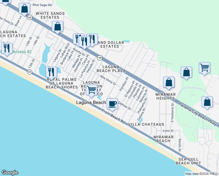 map of restaurants, bars, coffee shops, grocery stores, and more near 215 East Lakeshore Drive in Panama City Beach