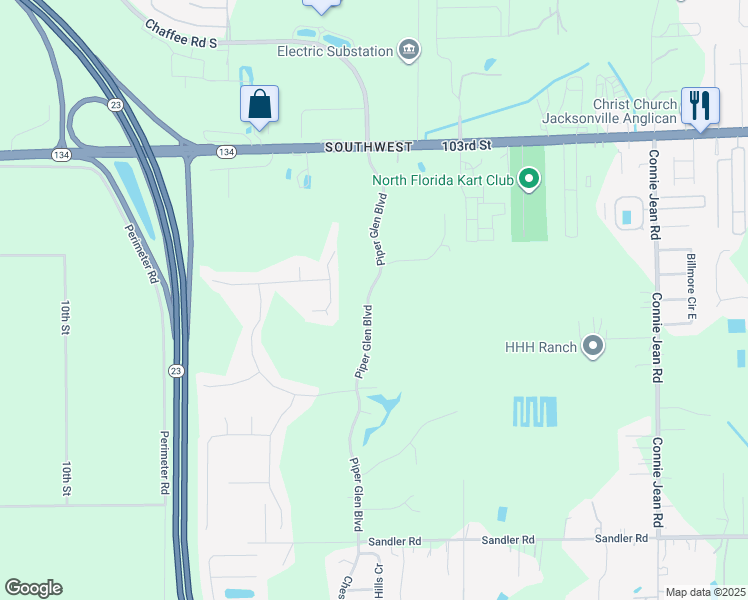 map of restaurants, bars, coffee shops, grocery stores, and more near 5657 Piper Glen Boulevard in Jacksonville