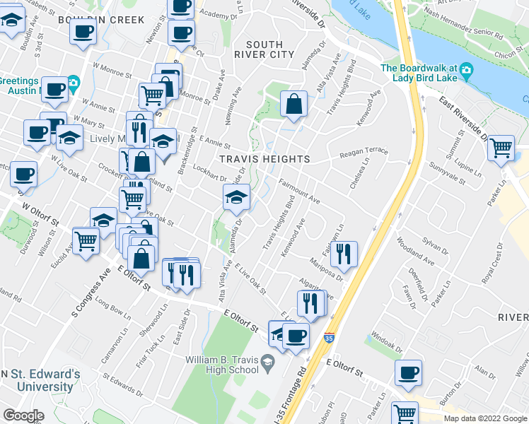 map of restaurants, bars, coffee shops, grocery stores, and more near 901 Mariposa Drive in Austin