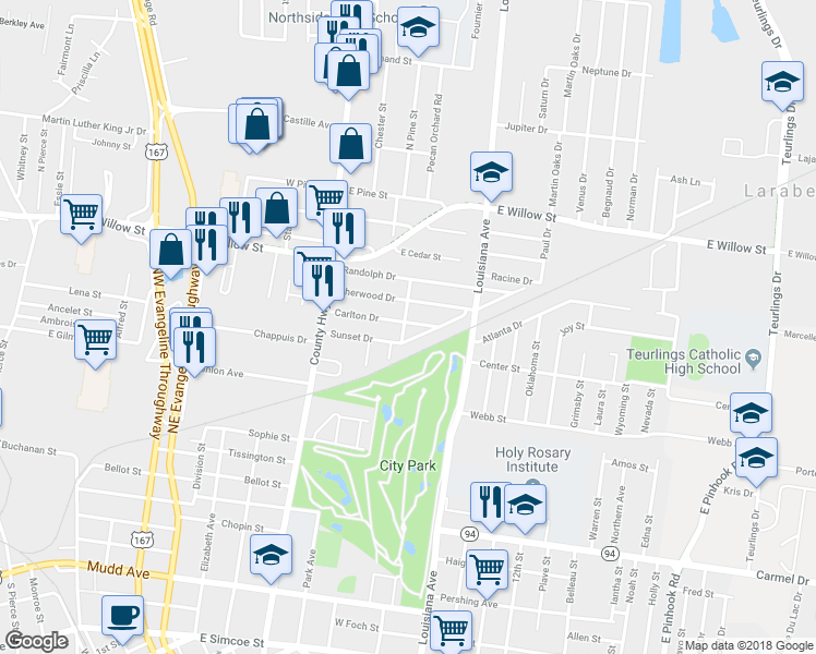 map of restaurants, bars, coffee shops, grocery stores, and more near 202 Carlton Drive in Lafayette