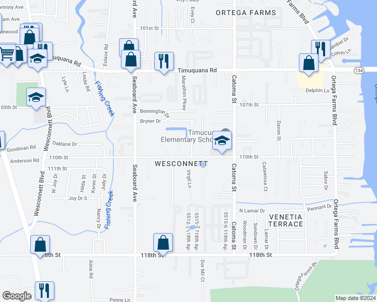 map of restaurants, bars, coffee shops, grocery stores, and more near 5872 Liska Drive in Jacksonville