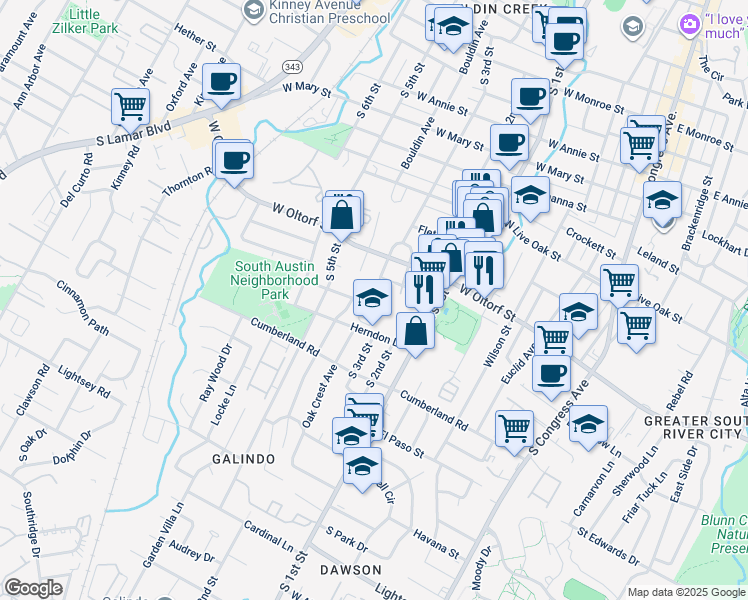 map of restaurants, bars, coffee shops, grocery stores, and more near 2425 Oak Crest Avenue in Austin