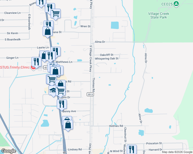 map of restaurants, bars, coffee shops, grocery stores, and more near 213 Thomas Road in Lumberton