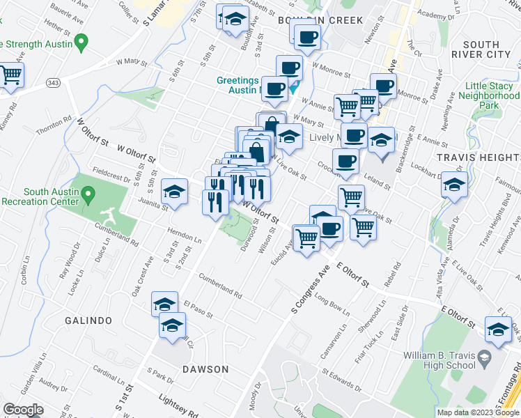 map of restaurants, bars, coffee shops, grocery stores, and more near 2303 Durwood Street in Austin