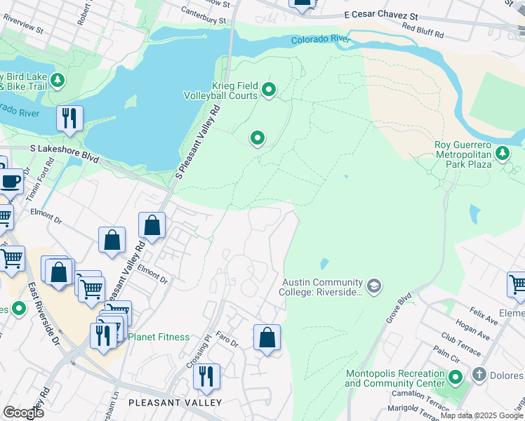 map of restaurants, bars, coffee shops, grocery stores, and more near 1300 Crossing Place in Austin
