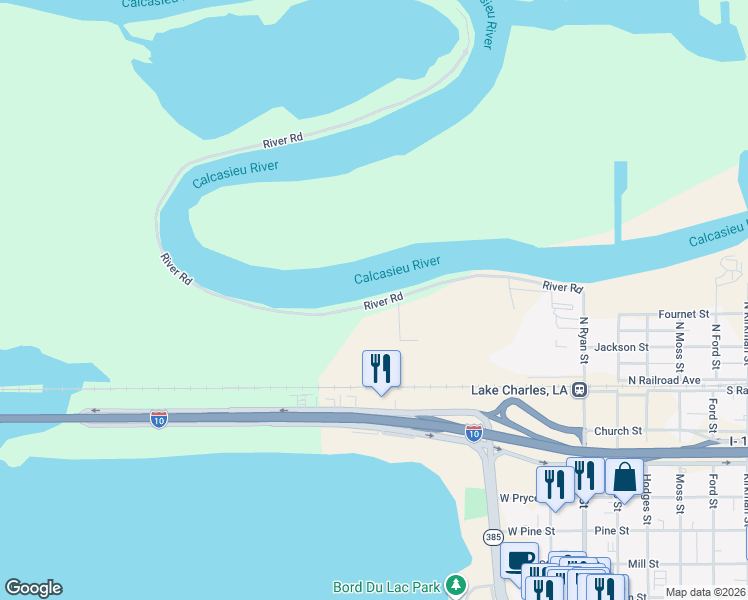 map of restaurants, bars, coffee shops, grocery stores, and more near 520 River Rd in Lake Charles