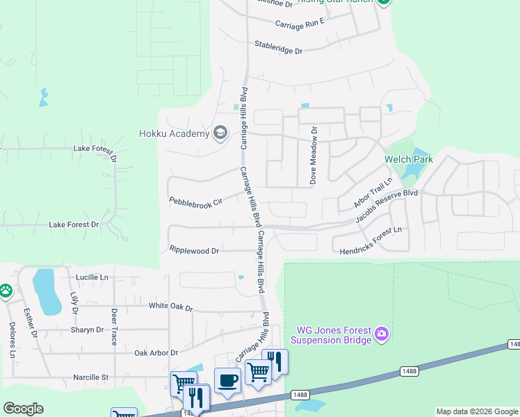 map of restaurants, bars, coffee shops, grocery stores, and more near 102 Sweet Leaf Grove Lane in Conroe