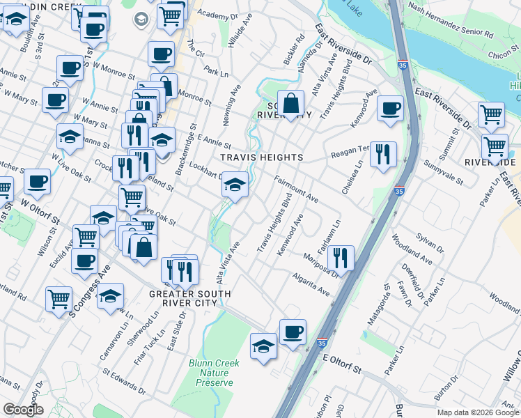 map of restaurants, bars, coffee shops, grocery stores, and more near 811 Mariposa Drive in Austin