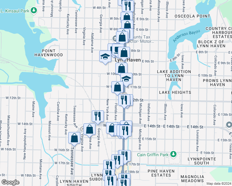 map of restaurants, bars, coffee shops, grocery stores, and more near 1110 Florida Ave in Lynn Haven