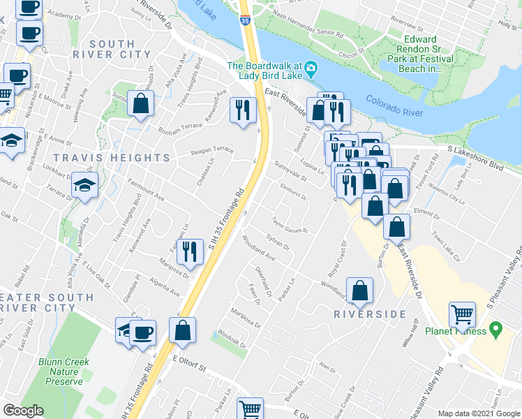 map of restaurants, bars, coffee shops, grocery stores, and more near 1601 South Interstate 35 Frontage Road in Austin