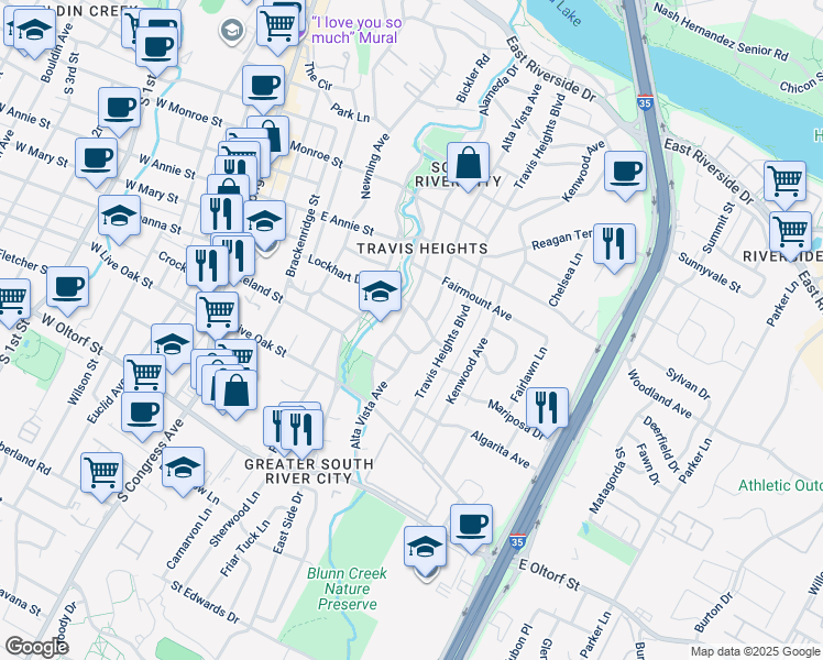 map of restaurants, bars, coffee shops, grocery stores, and more near 901 Mariposa Drive in Austin