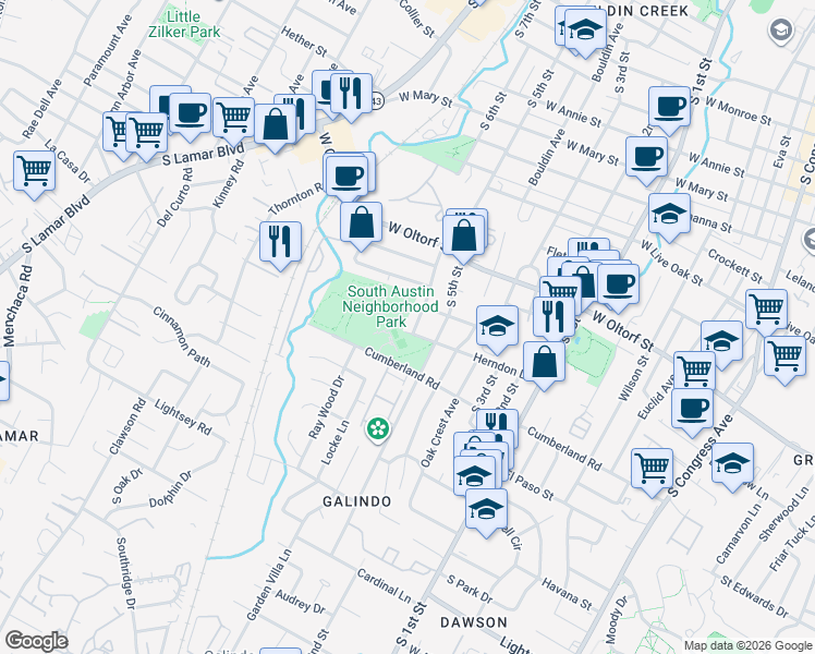 map of restaurants, bars, coffee shops, grocery stores, and more near 1000 Cumberland Road in Austin