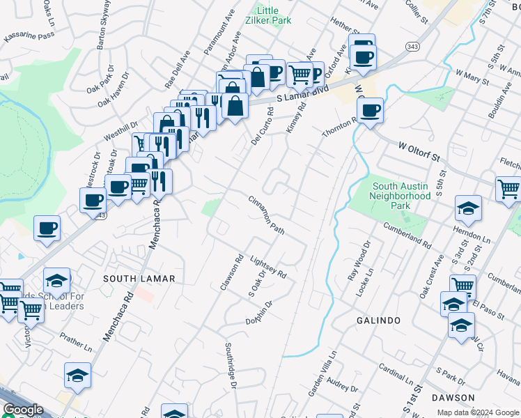 map of restaurants, bars, coffee shops, grocery stores, and more near 1707 Cinnamon Path in Austin