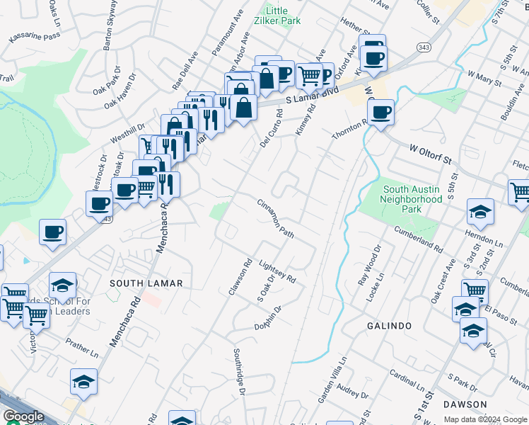 map of restaurants, bars, coffee shops, grocery stores, and more near 1707 Cinnamon Path in Austin