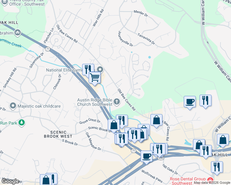 map of restaurants, bars, coffee shops, grocery stores, and more near 7413 Old Bee Caves Road in Austin