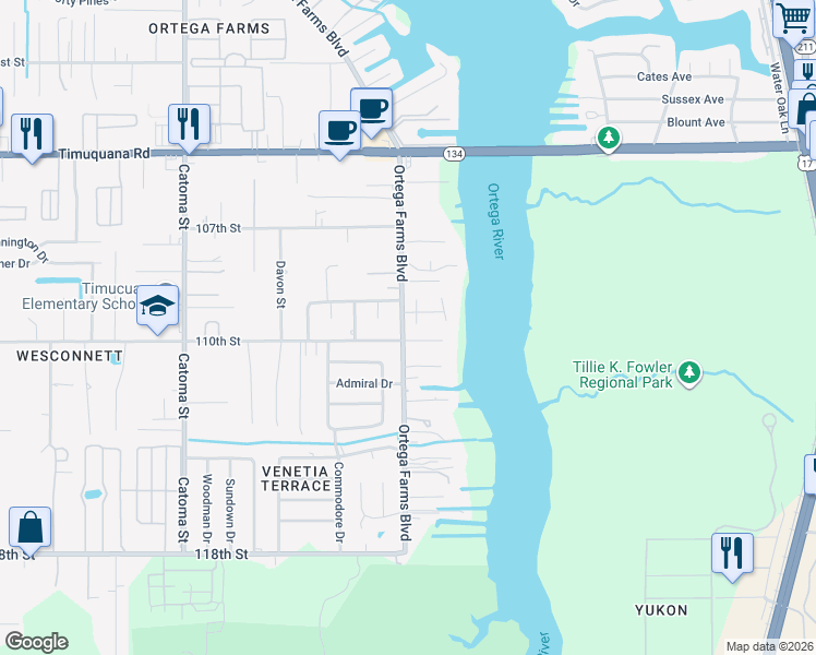 map of restaurants, bars, coffee shops, grocery stores, and more near 5958 Ortega River Court in Jacksonville