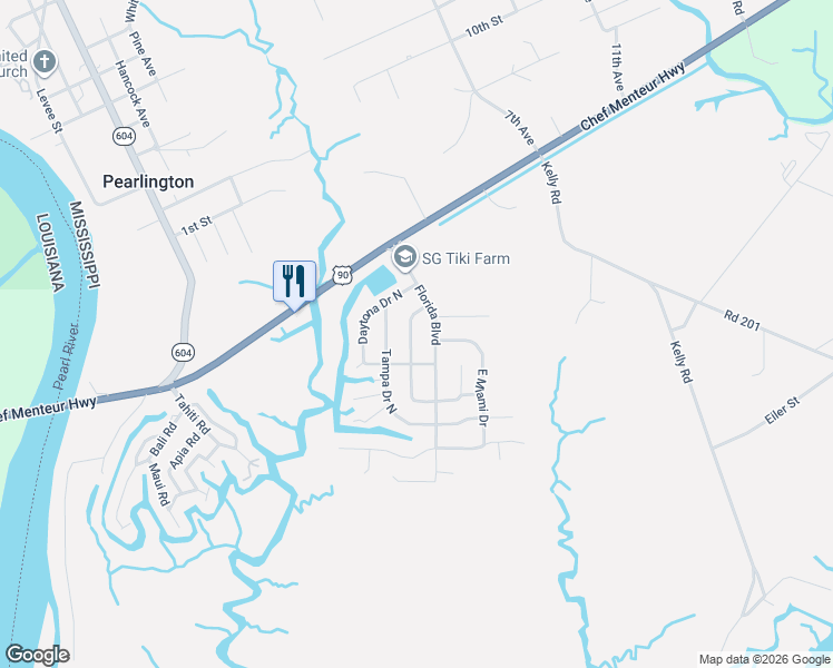 map of restaurants, bars, coffee shops, grocery stores, and more near 5166 Jacksonville Drive in Pearlington