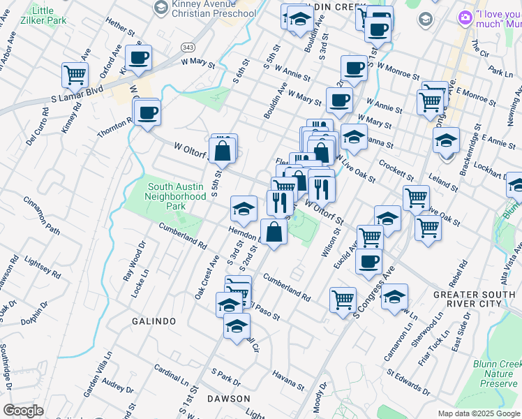 map of restaurants, bars, coffee shops, grocery stores, and more near 2425 Oak Crest Avenue in Austin