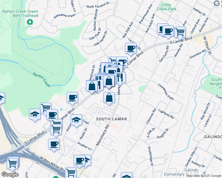 map of restaurants, bars, coffee shops, grocery stores, and more near 3005 South Lamar Boulevard in Austin