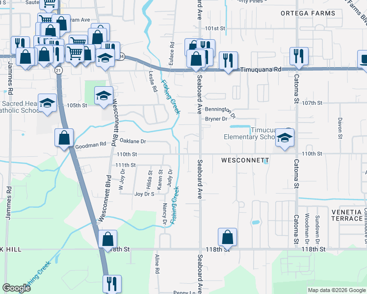 map of restaurants, bars, coffee shops, grocery stores, and more near 5745 110th Street in Jacksonville