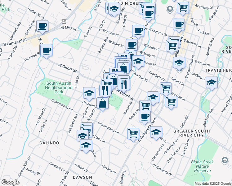 map of restaurants, bars, coffee shops, grocery stores, and more near 539 West Oltorf Street in Austin